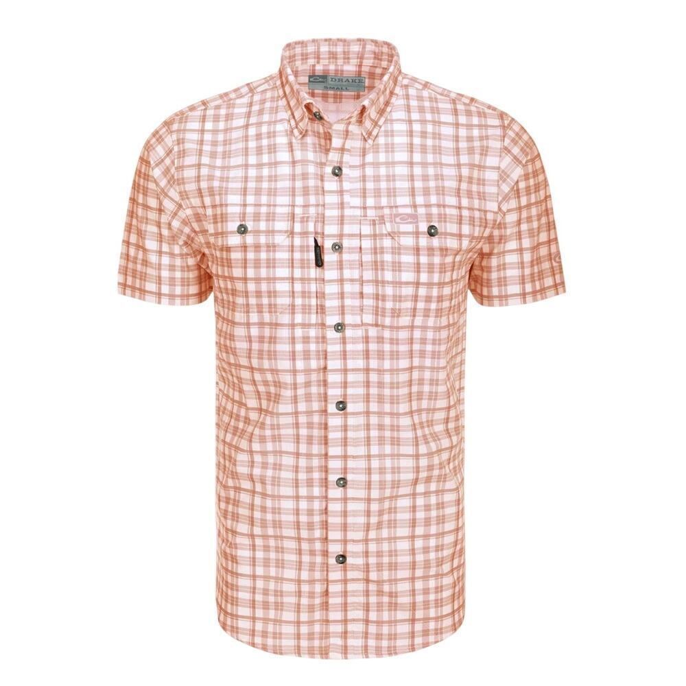 Drake Hunter Creek Window Pane Plaid Short Sleeve Button Up Men's Shirt Orange M